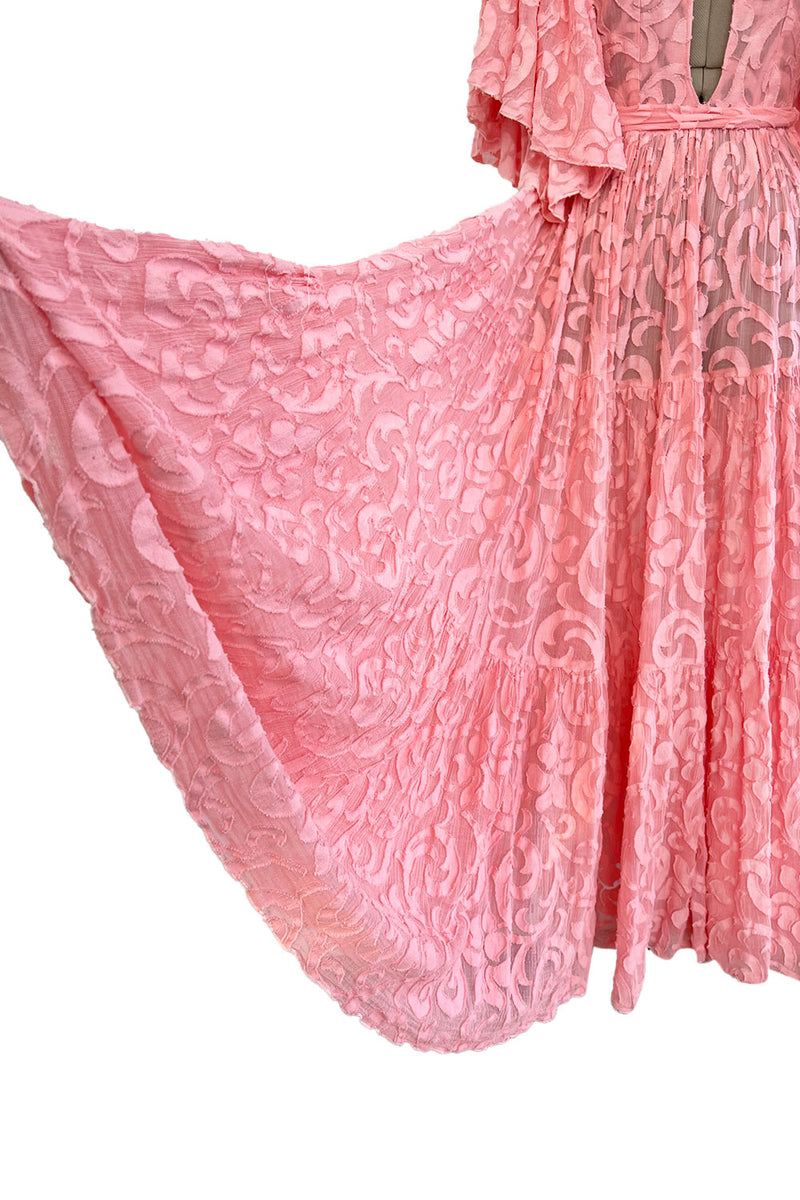 Amazing 1930s Unlabeled Pink Light Woven Cotton Tiered Applique Dress w Amazing Sleeves