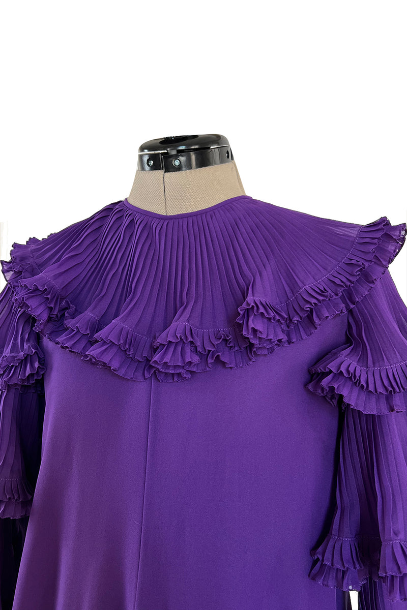 Unusual 1970s Miss Dior Purple Silk Chiffon Tiered & Pleated Sleeve Caftan Dress