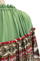 Gorgeous 1970s Lanvin Couture Printed Gathered Silk Caftan Dress w Balloon Sleeves & Felt Hem