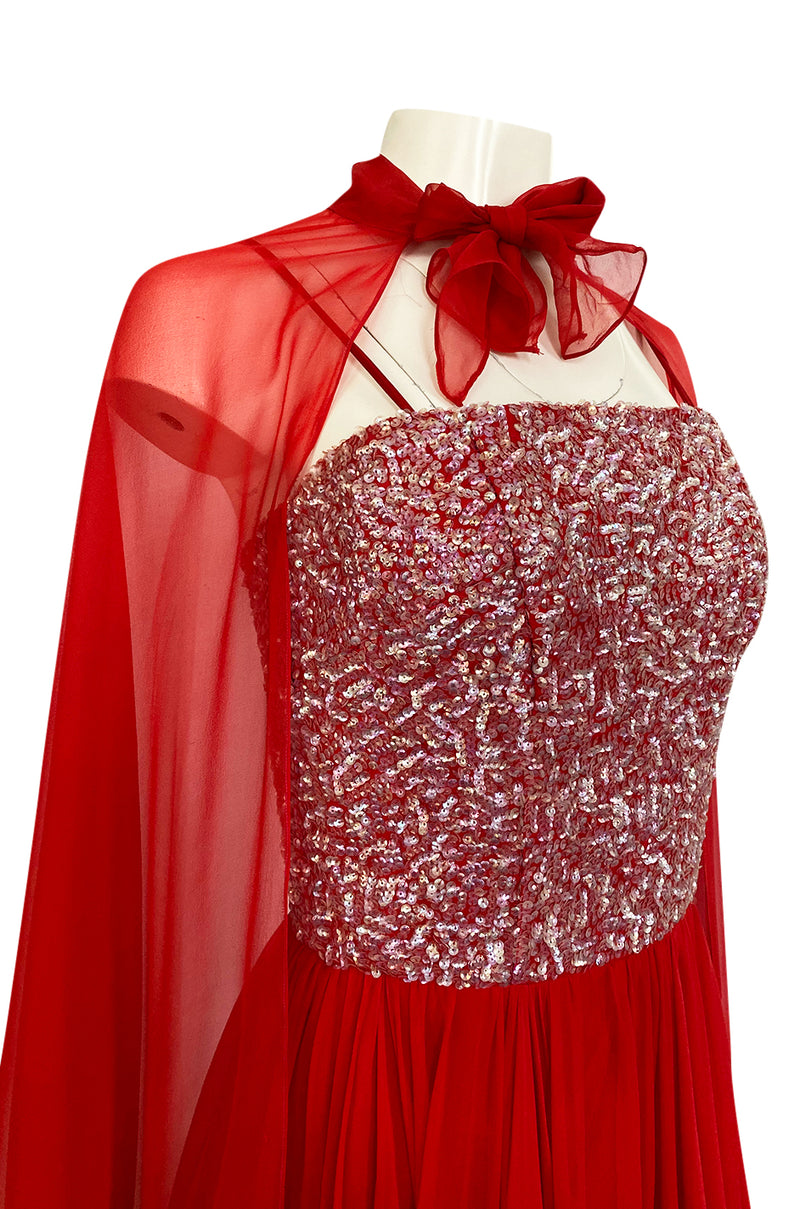 1960s Unlabeled Red Silk Chiffon & Sequin Dress w Matching Cape