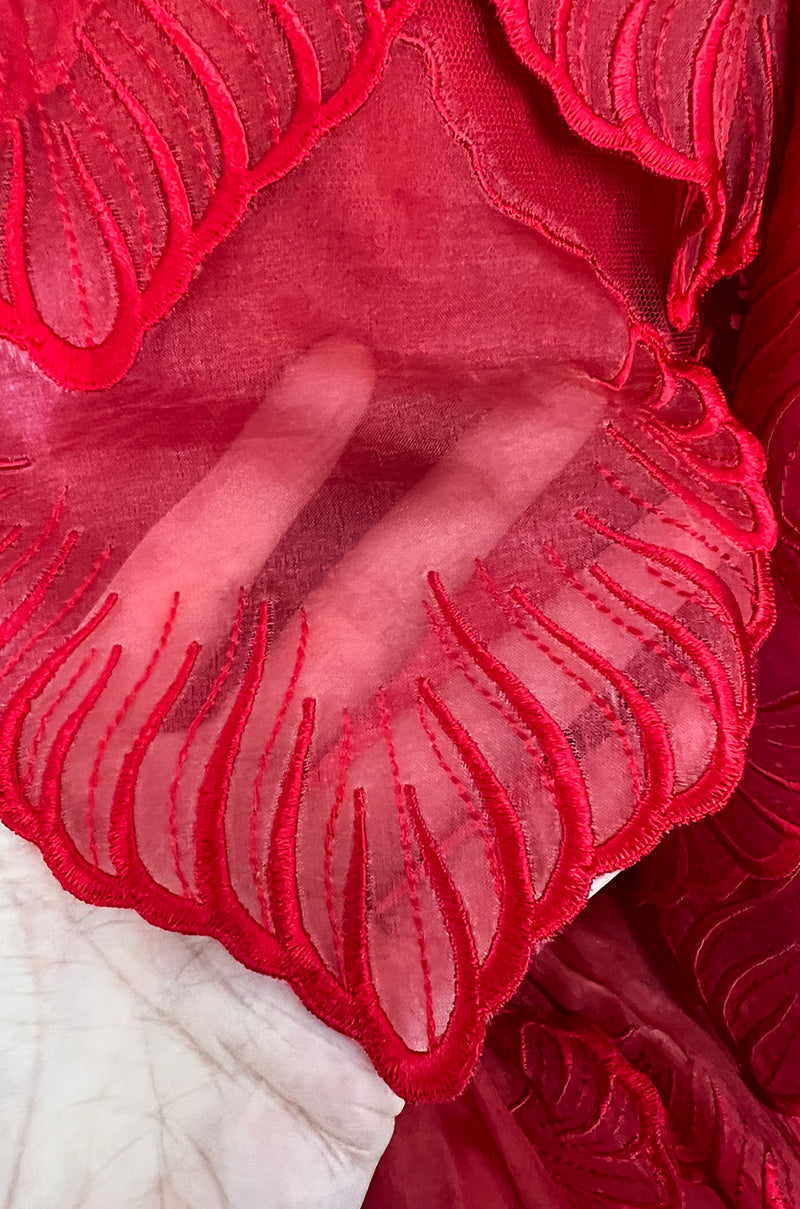 1980s Unlabeled Nina Ricci by Girard Pipard Haute Couture Red Silk & Net Leaf or Petal Dress