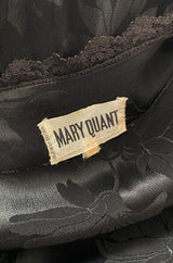 Rare 1970s Mary Quant Black Silk Floral Weave Maxi Dress w Peplum & Ruffled Hem