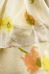 1961 Ferdinando Sarmi Strapless Yellow Floral Print Silk Chiffon Dress w Front Bow Detail