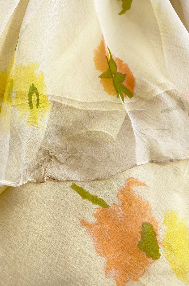 1961 Ferdinando Sarmi Strapless Yellow Floral Print Silk Chiffon Dress w Front Bow Detail