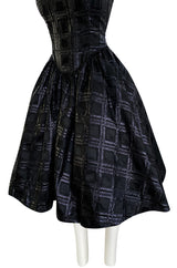 Early 1980s Nina Ricci Black Silk Metallic Lame Full Skirted Low Back Dress