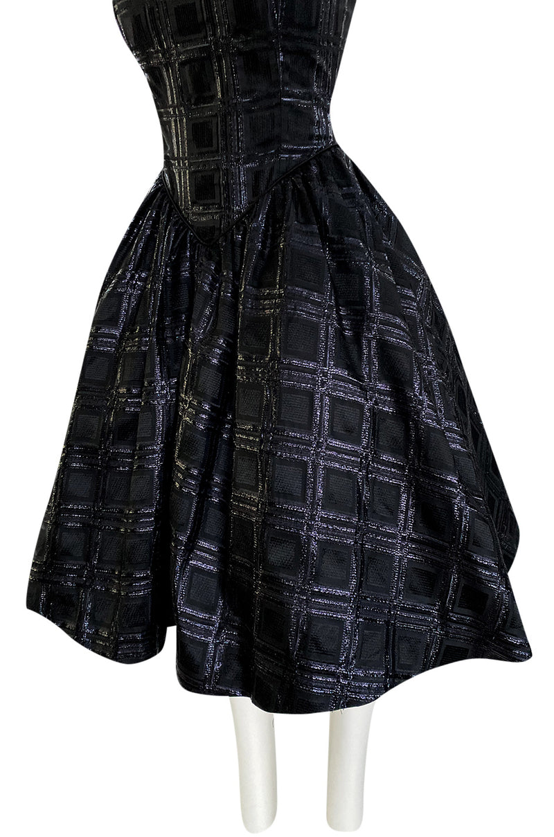 Early 1980s Nina Ricci Black Silk Metallic Lame Full Skirted Low Back Dress