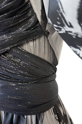 Documented Fall 1984 Geoffrey Beene Couture Silver Grey & Black Silk Dress w Metallic Chiffon Ties