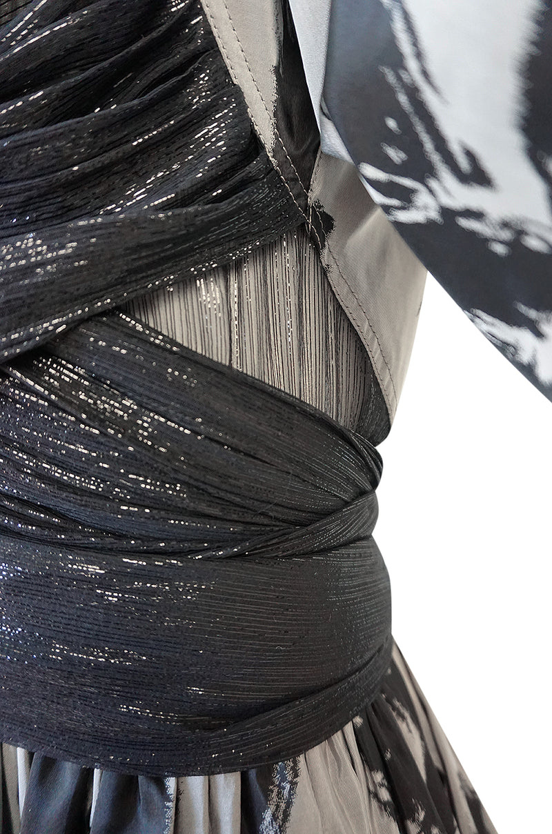 Documented Fall 1984 Geoffrey Beene Couture Silver Grey & Black Silk Dress w Metallic Chiffon Ties