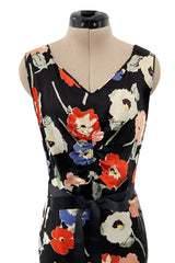 Beautiful 1930s Bias Cut Heavy Silk Satin Floral Print Dress w Scalloped Edged Jacket