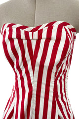 Spectacular 1930s Unlabeled Red & White Striped Cotton Strapless Sweetheart Dress