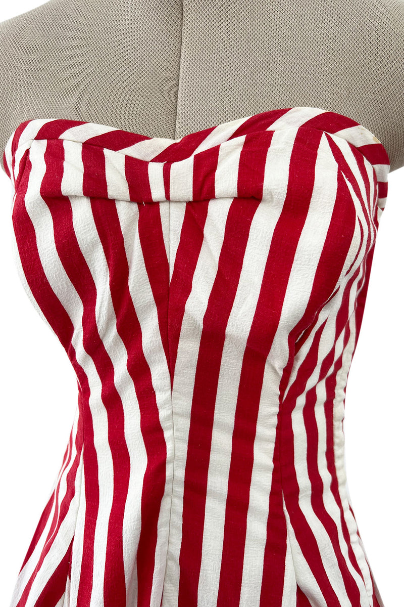 Spectacular 1930s Unlabeled Red & White Striped Cotton Strapless Sweetheart Dress
