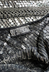 Spring 1981 Unlabeled Halston One Shoulder Silver Sequin & Black Silk Chiffon Dress