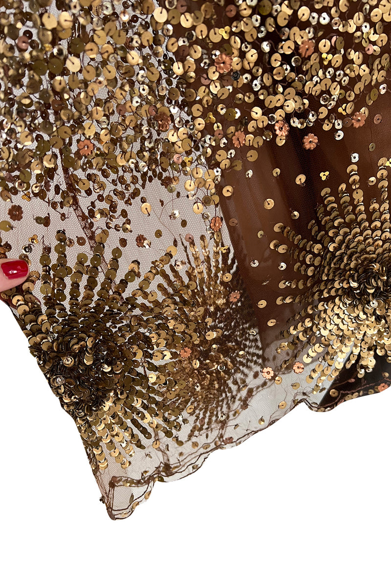 Fall 2002 Valentino Plunged Silk Net Chiffon Dress Completely Covered in Copper Sequins