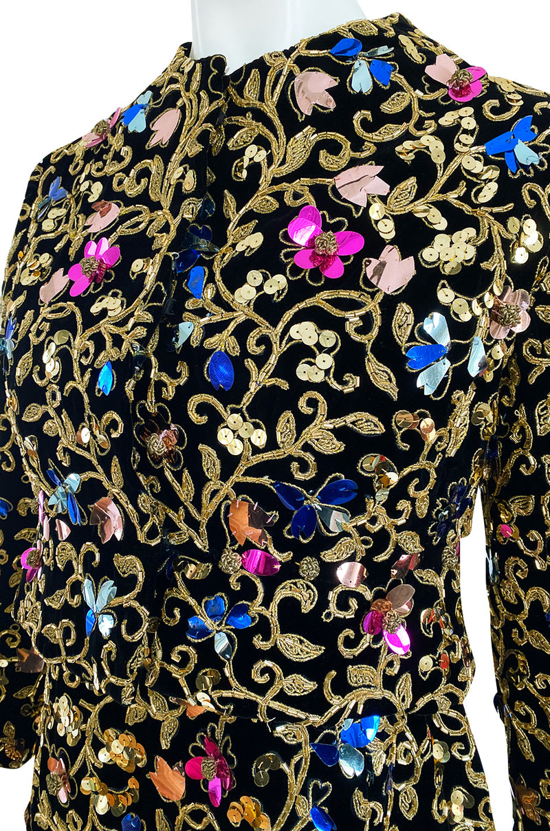 1960s Arnold Scaasi Couture Gold Cording, Beading & Metallic Applique Dress Jacket Set