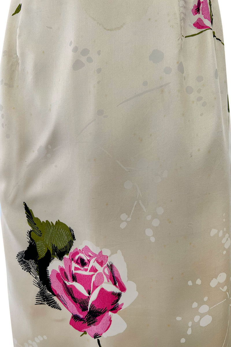Gorgeous 1940s Unlabeled Ivory Silk Twill Dress w Painted & Appliqued Rose Print