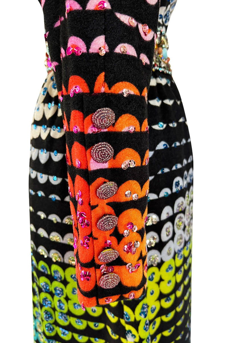 Amazing 1970s Unlabeled Valentina Inc. Rainbow Colored Elaborate Sequin & Bead Detailed Dress