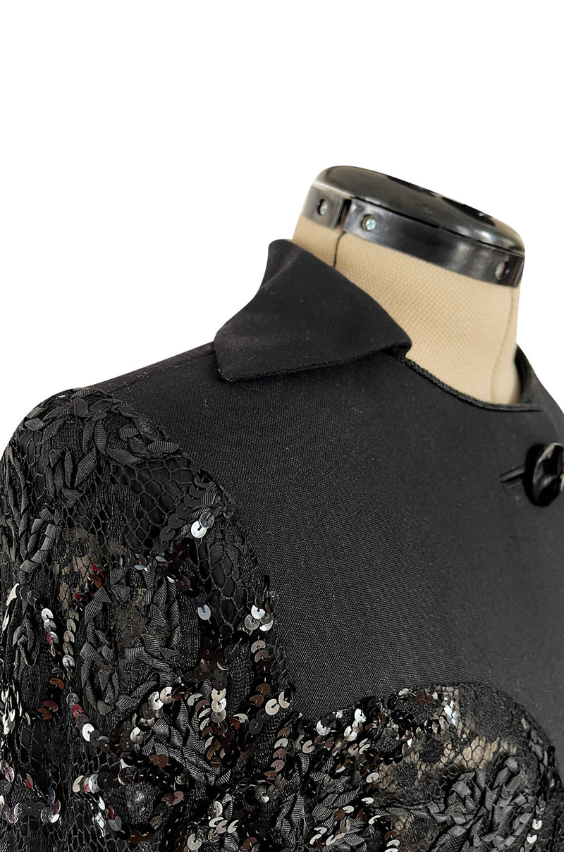 1980s Ady Couture Lausanne Transparent Lace & Sequin Jacket Suit w Black Pencil Skirt