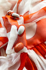 c. 1978 Yves Saint Laurent Large Floral Print Coral Plunge Silk Chiffon Dress