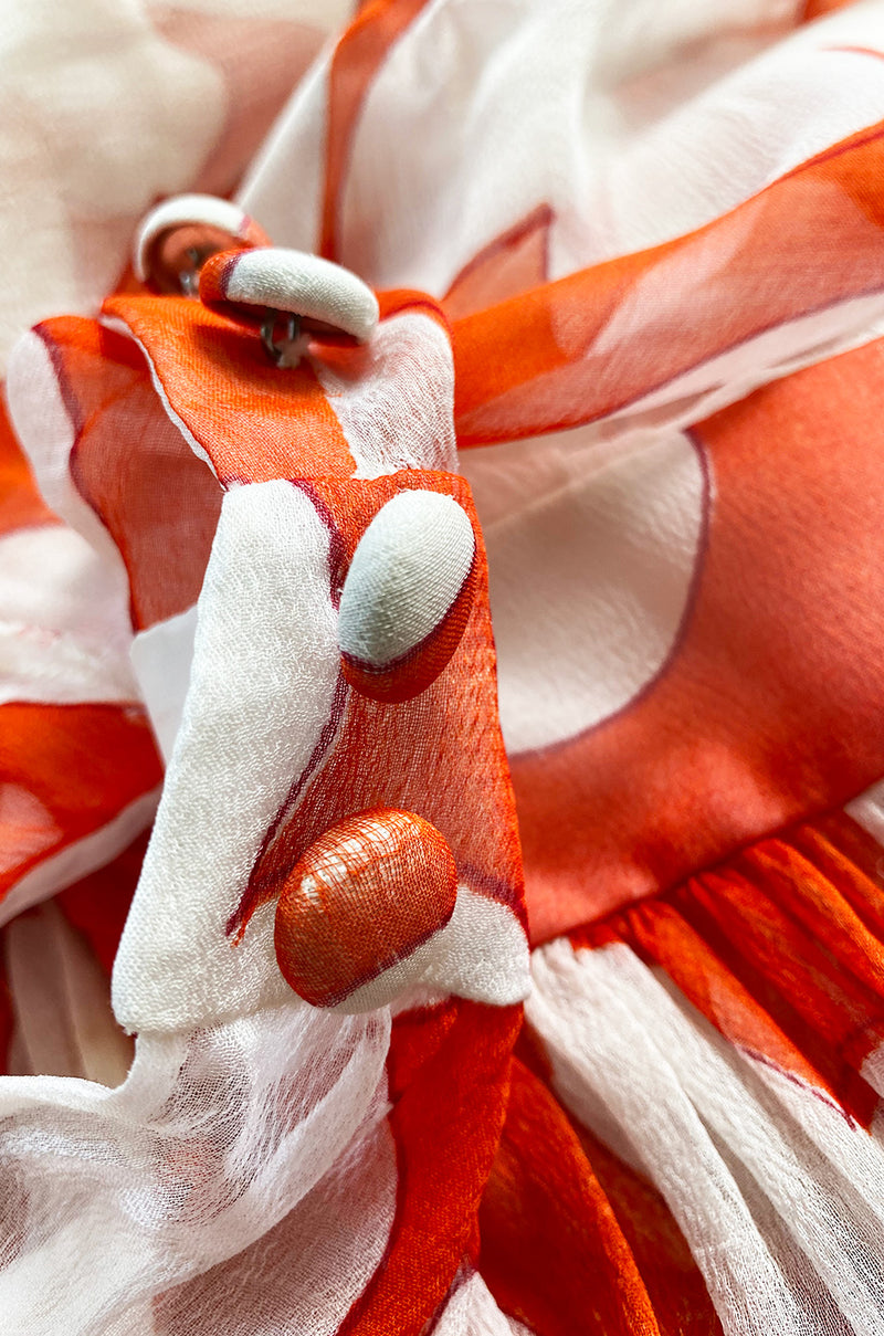c. 1978 Yves Saint Laurent Large Floral Print Coral Plunge Silk Chiffon Dress
