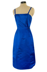 1950s Brilliant Blue Silk Satin Dress w Wrap Detailing & Matching Cropped Bolero Jacket