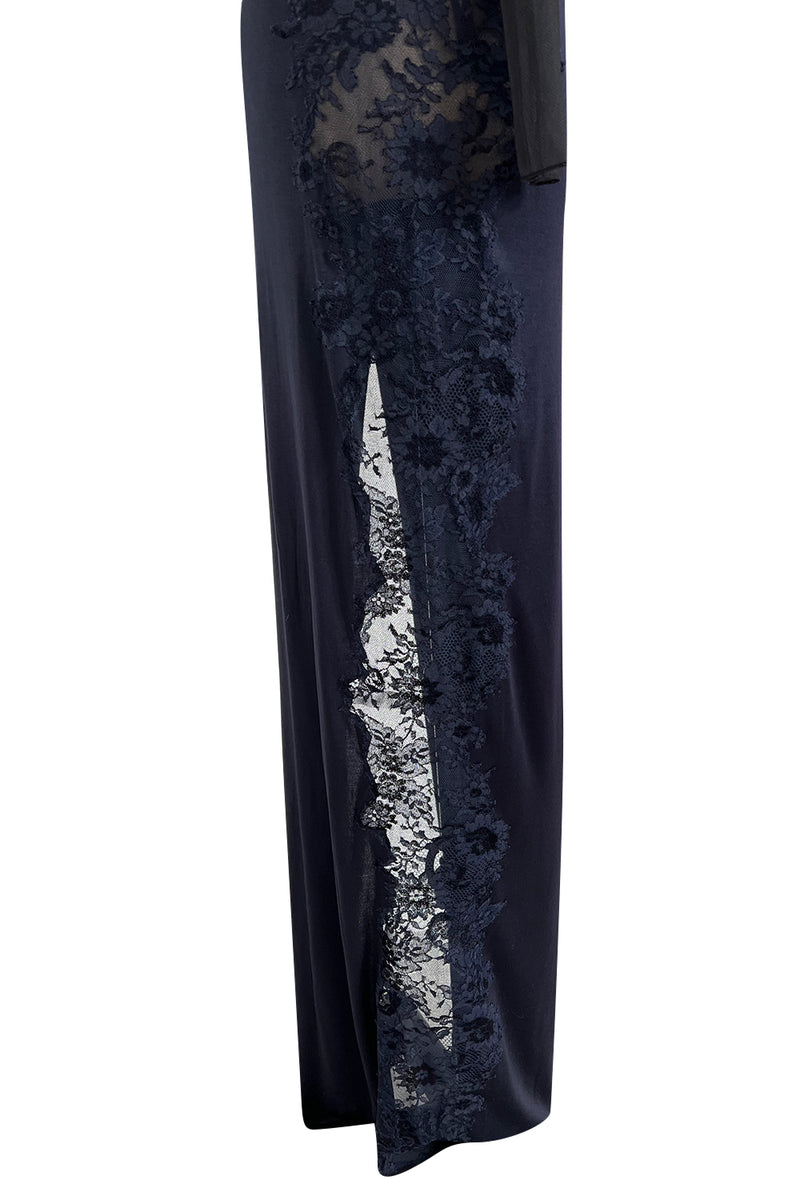 Incredible Early 2000s John Anthony Couture Blue Silk Jersey Dress w See Through Lace  Side & Bodice
