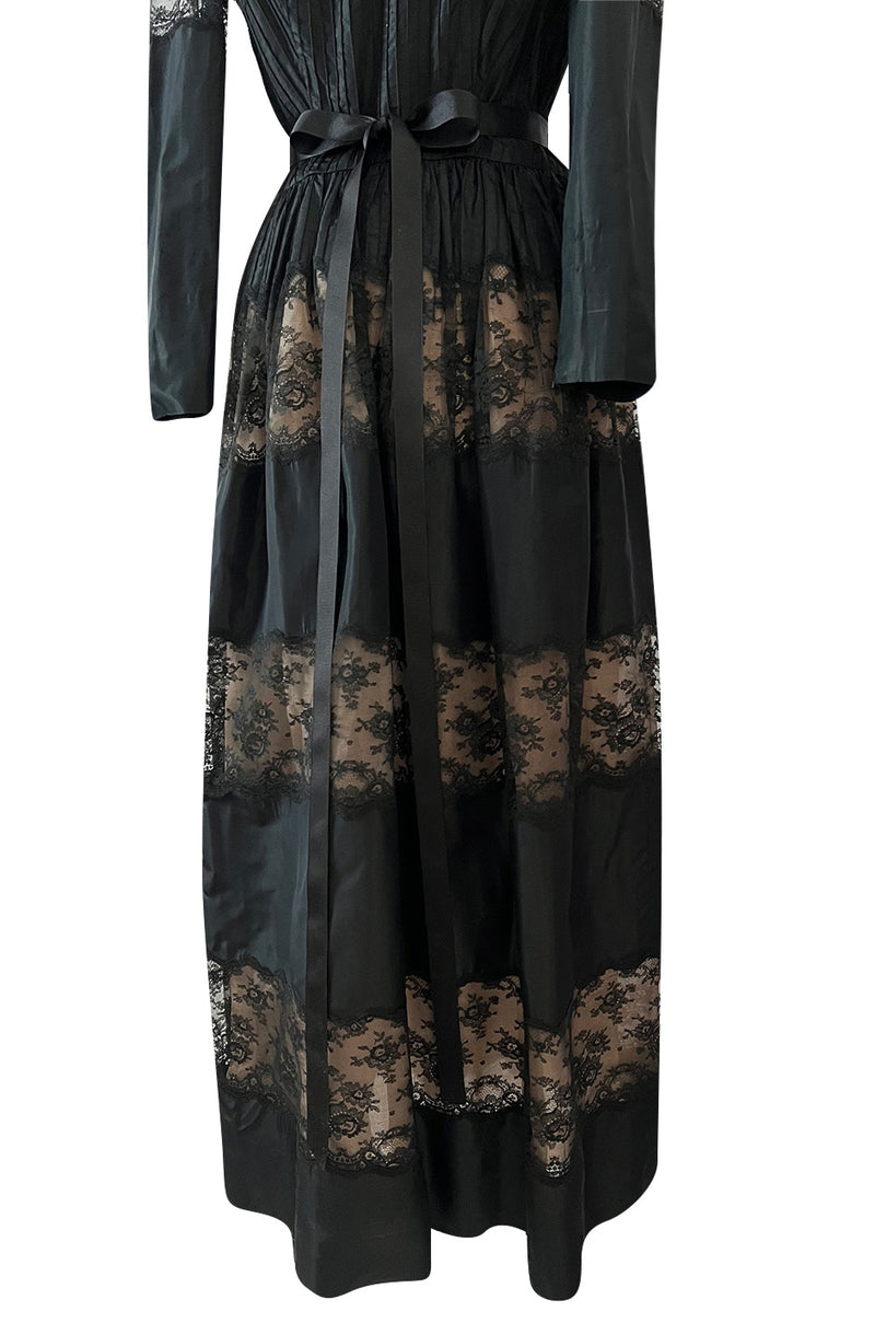Gorgeous 1970s Larry Aldrich Black Silk Tafetta Dress w Illusion Nude Lace Panels