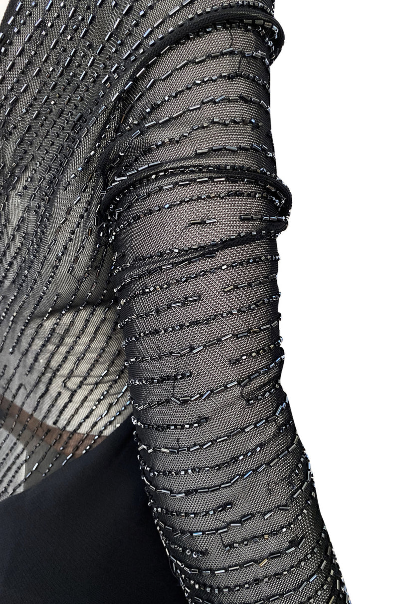 Fall 1997 Halston Black Bias Cut Jersey Dress w Transparent Beaded Net Panel