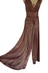 Late 1920s Unlabeled Gold Metallic Lame Thread Mixed w Deep Burgundy Silk Deep Plunge Dress