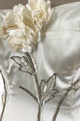 Gorgeous 1950s Emma Domb Ivory Matte Satin Dress w Sequin & 3D Flower Detailing