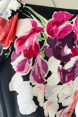 Stunning 1930s Unlabeled Black Silk Crepe Dress w Brilliant Pink & Coral Floral Print