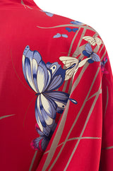 Gorgeous 1970s Hanae Mori Red Silk Kimono Caftan Dress w Sash & Beautiful Butterfly Print