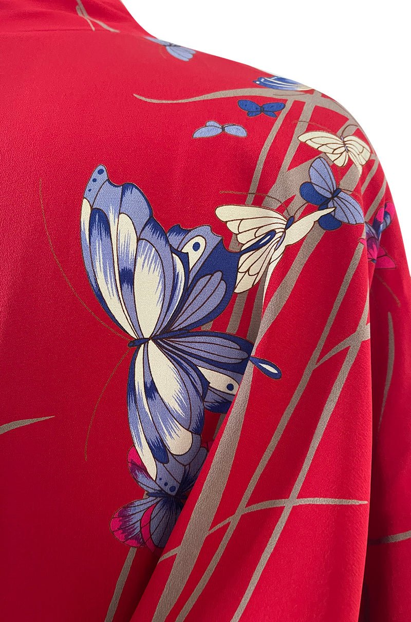 Gorgeous 1970s Hanae Mori Red Silk Kimono Caftan Dress w Sash & Beautiful Butterfly Print