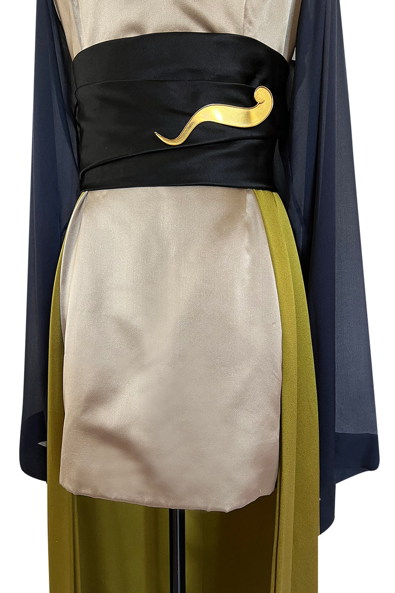 Fall 1994 Guy Laroche Haute Couture Runway Wide Sleeve Dress w Cumberbund & Back Skirt Panel