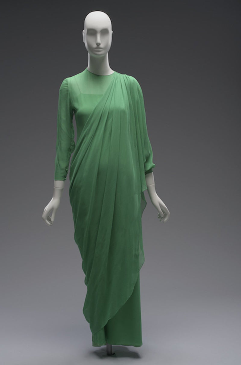 Spring 1981 Bill Blass Pastel Green Silk Chiffon Dress w Elaborate Vertically Set Ruffled Skirt