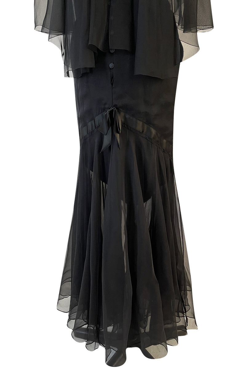 First RTW Collection Fall 1983 Chanel by Karl Lagerfeld Black Caped Bodice Silk Chiffon Dress