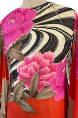 1960s Hanae Mori Couture Long Open Kimono Sleeve Pink Floral Print Cotton Caftan Dress