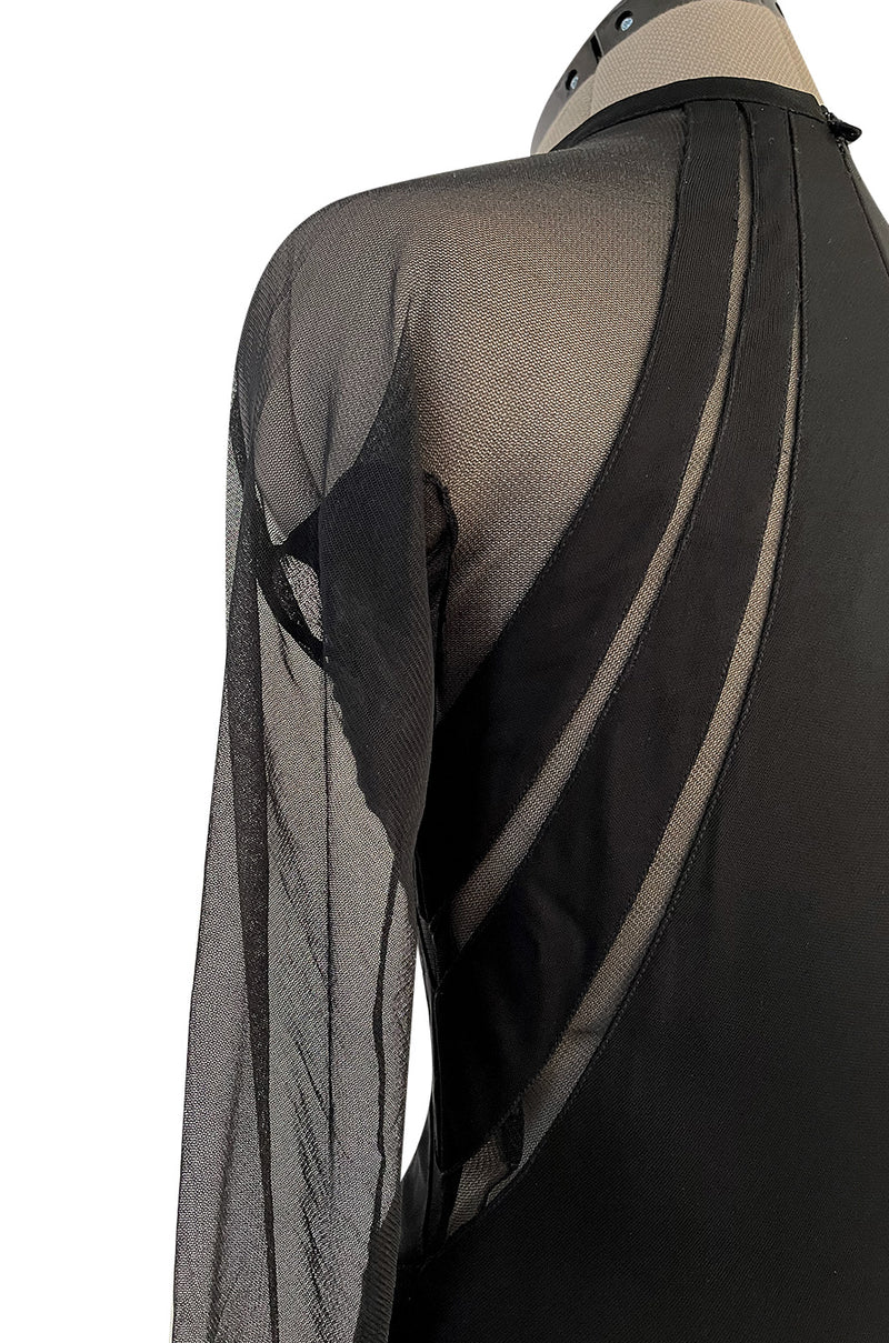 Spectacular 2005 John Anthony Couture Black Stretch Jersey Dress w Curved Netted Cut Outs
