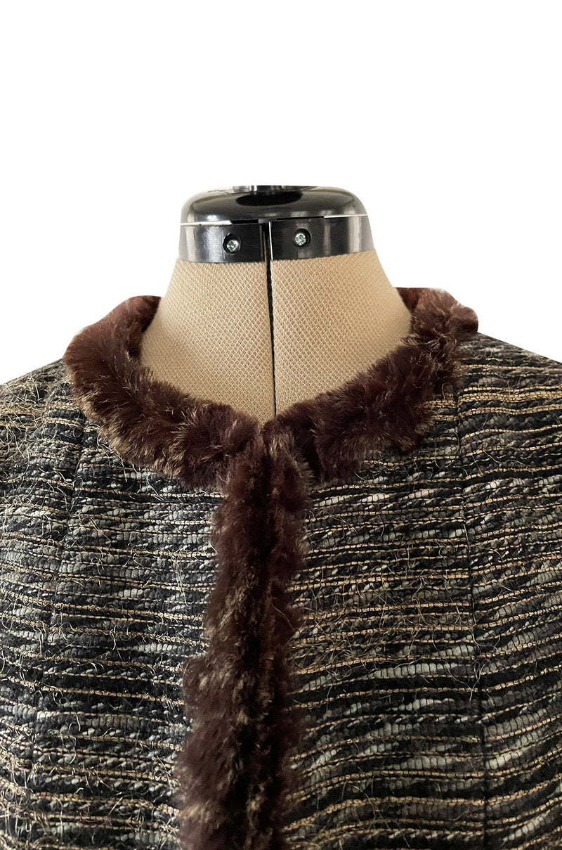 Stunning Fall 2005 Chanel Metallic Silk Mohair Fur Trimmed Tweed Jacket & Pleated Skirt Suit