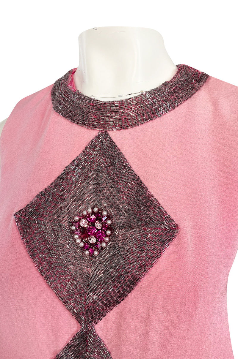 Documented 1969 Pierre Cardin Couture Pink Silk Crepe Diamond Beaded Dress w Overlay