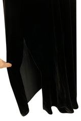 Incredible 1930s Black Silk Velvet Wrap Bias Cut Dress w Elaborate Metal &  Bead Belt