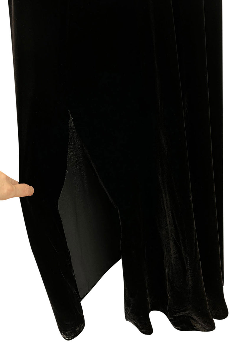 Incredible 1930s Black Silk Velvet Wrap Bias Cut Dress w Elaborate Metal &  Bead Belt