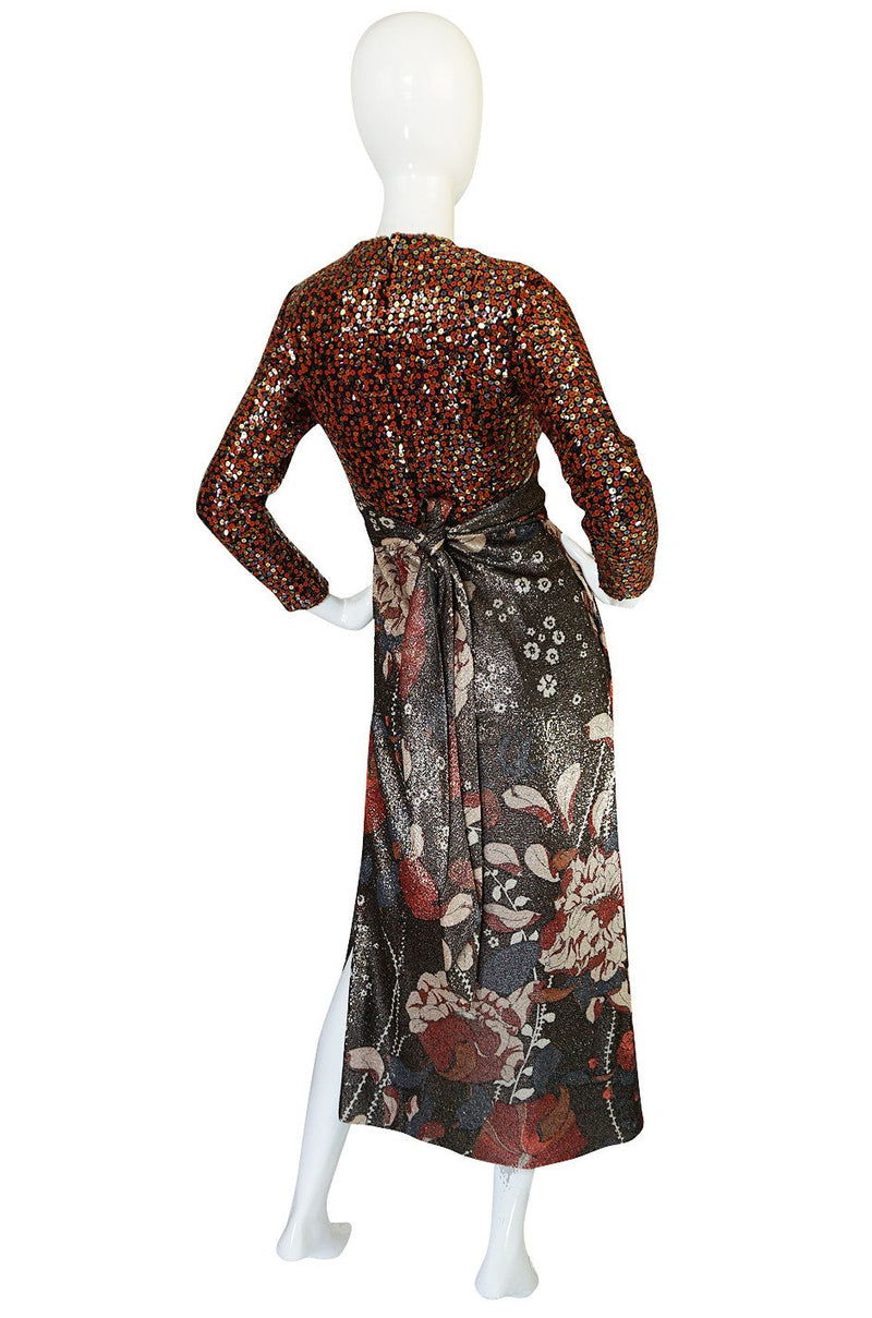 1975 Bill Blass Floral Print Metallic Lurex & Sequin Dress Set