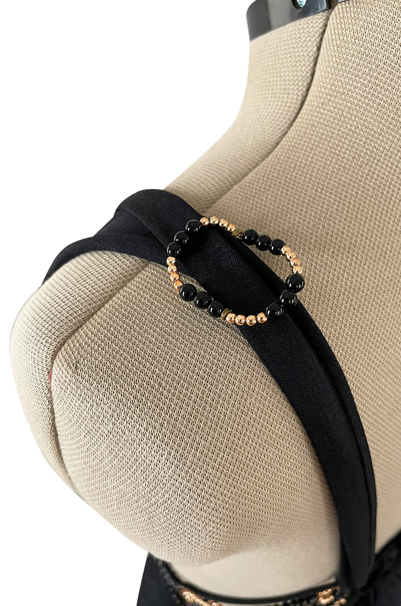 Incredible 1970s Loris Azzaro Open Gold & Black Bead Waist Dress w Halter Top & Bare Back
