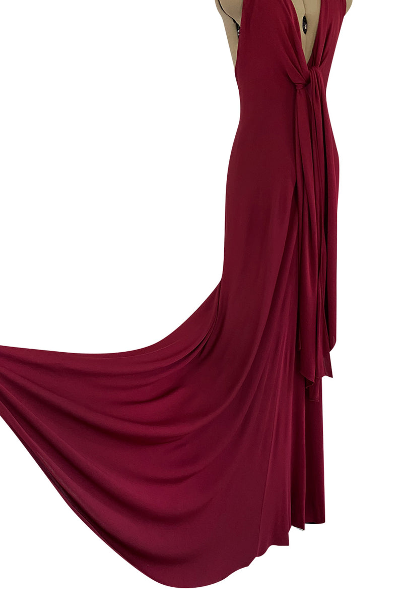 Important 1975 Halston Couture Deep Burgundy Front Wrap & Tie Silk Jersey Plunge Dress