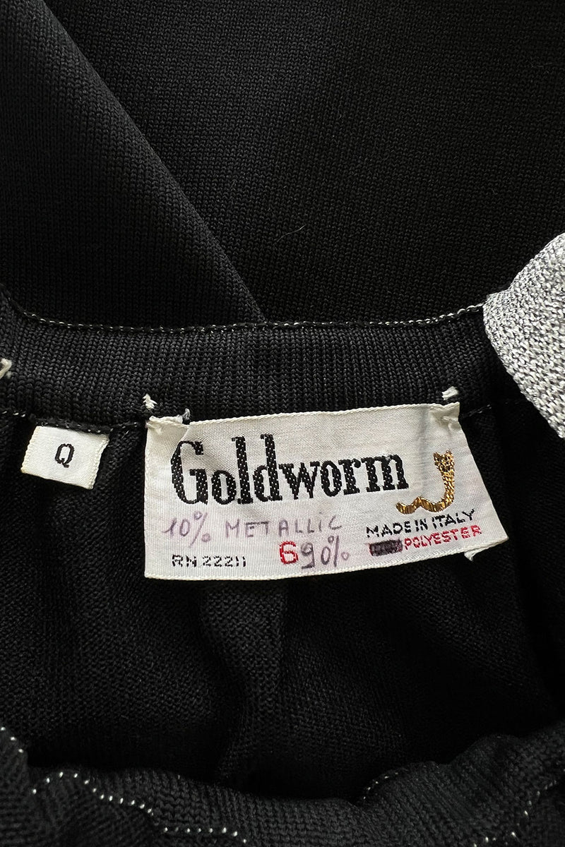 1970s Goldworm Black Knit Backless Dress w Silver Metallic Straps & Elastic Waist