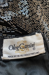 Late 1970s Oleg Cassini Extensively Beaded & Panelled Skirt Black Silk Chiffon Dress