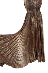 Incredible Spring 1977 Jean Patou by Angelo Tarlazzi Plunging Bronze Silk Lame Metallic Pleat Dress