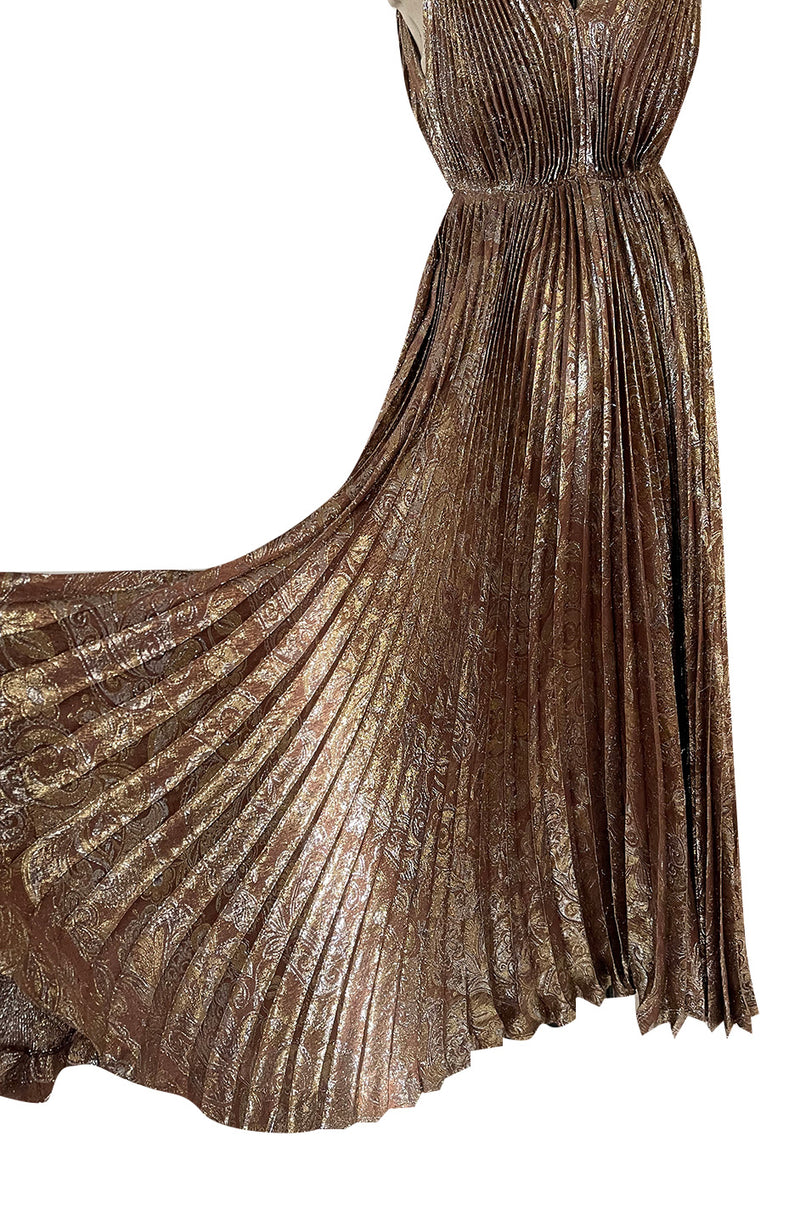 Incredible Spring 1977 Jean Patou by Angelo Tarlazzi Plunging Bronze Silk Lame Metallic Pleat Dress