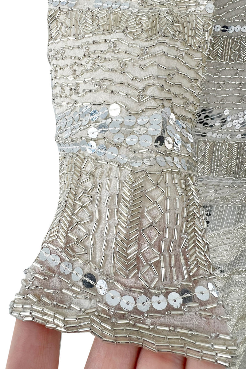 Iconic Spring 1981 Halston Fully Hand Beaded & Sequinned Silver & Ivory Silk Chiffon Dress