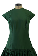Rare 1977 Madame Gres Haute Couture Dress & Cape in a Deep Green Silk Taffeta